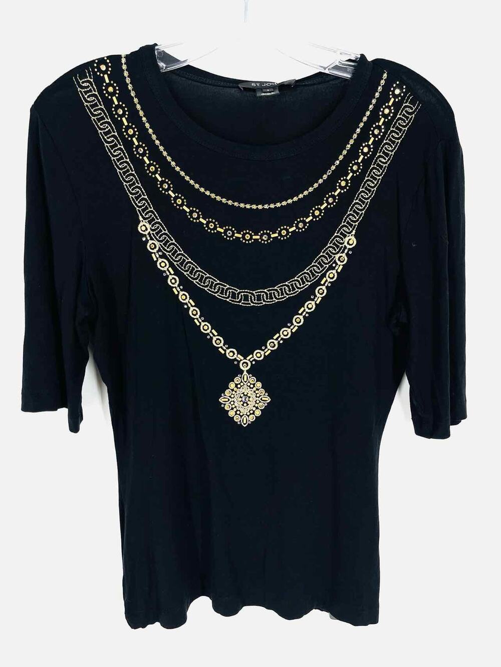 St. John Size 2 Black/Gold Embroidered Embellished Designer Top-Short Sleeve